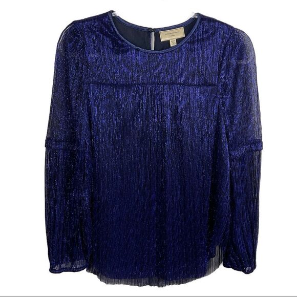 Moulinette Soeurs Anthropologie Blue Metallic Accordion Pleat Long Sleeve Top XS - Picture 1 of 10